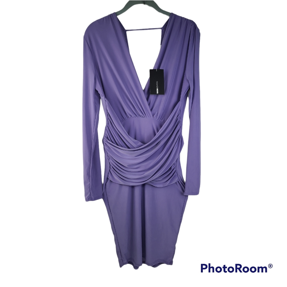 NWT Fashion Nova Long Sleeve Deep V Ruched Tummy Dress Purple Women's Medium NEW